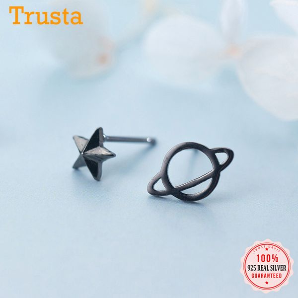 

trusta 100% 925 sterling silver jewelry fashion cute tiny black asymmetric universe star stud earrings for daughter girls ds198, Golden;silver