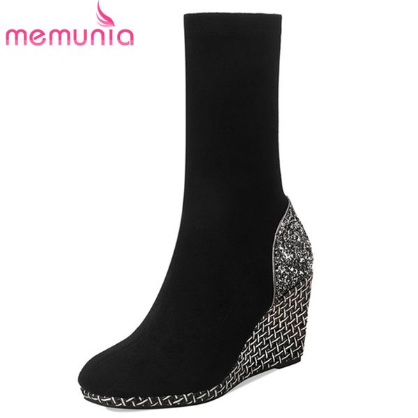 

memunia 2020 new fashion wedges party shoes women ankle boots round toe sequins autumn winter stretch boots ladies, Black