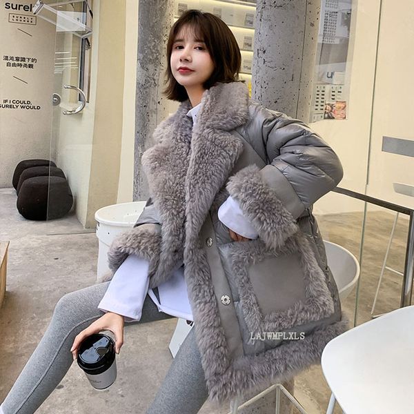 

winter 90% white duck down jacket +100% real wool splicing coat women 2020 new plus size fashion thick warm snow outerwear y128, Black