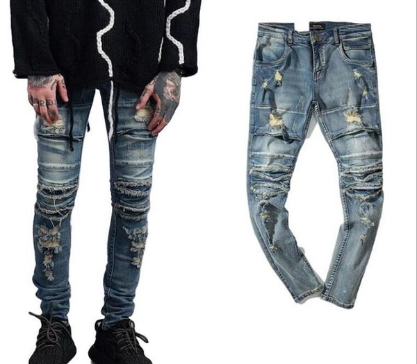 

2020 men biker jeans jeans pleated motorcycle biker denim pants men slim elastic yellow punk denim trousers plus size 28~42, Blue