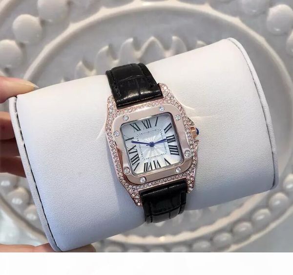 

2017 new fashion dress diamond wristwatch colorful brand c genuine leather clock quartz watches women clock full diamond square dial face, Slivery;brown