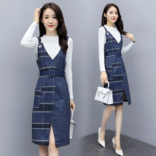 

autumn elegant ladies sweater set long sleeve sweater and v neck plaid patchwork slit denim overalls two piece skirt set women, Gray