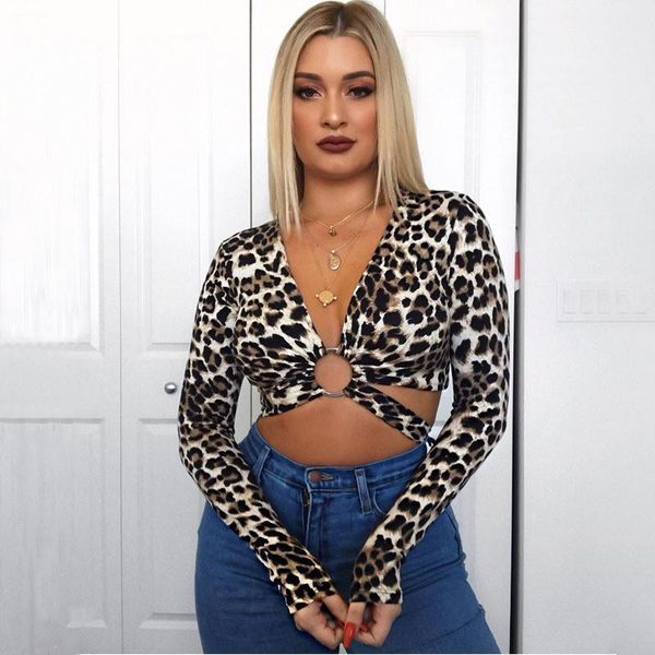 

out navel short long sleeve shirts fashion lace-up womens casual females clothing womens designer leopard print hollow, White