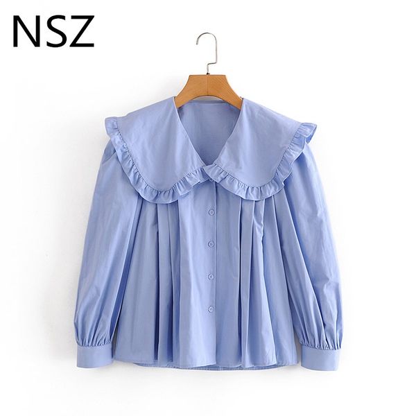 

nsz women ruffles neck poplin blouse pleated shirt loose sweet girl female fall fashion blusa camisa mujer, White