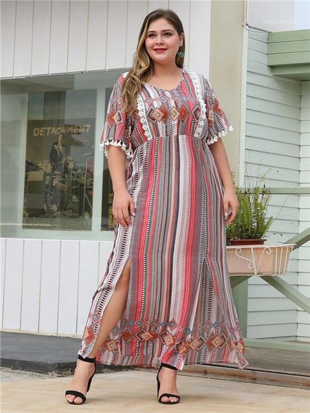 

females fashion casual clothes womens bohemian plus size dress summer designer striped print tassel sleeve v neck high split dresses, Black;gray