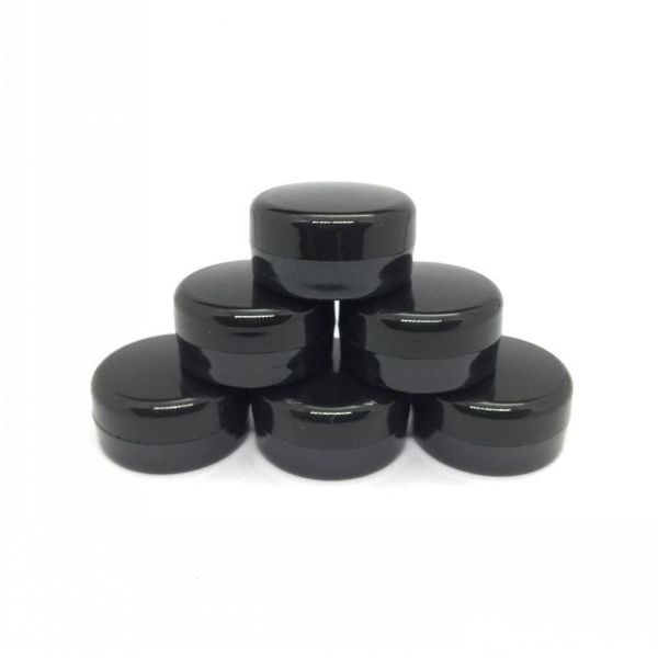 

cosmetic sample empty jar plastic round pot black screw cap lid, small tiny 3g bottle, for make up, eye shadow, nails, powder