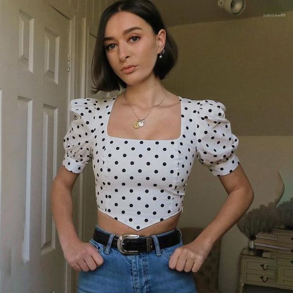 

print fashion tshirts square neck crop women clothing lantern sleeve designer womens tshirts polka dot, White