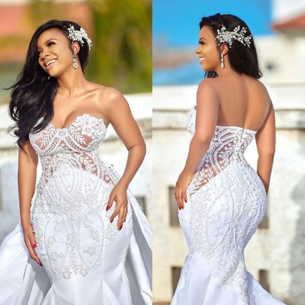 

african plus size wedding dresses 2020 detachable skirts sweetheart castle mermaid wedding gown appliqued satin country bridal dress, White