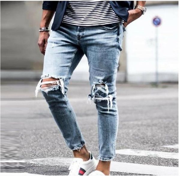 

denim pencil pants casual long mid waist soild color male jeans holes designer men jeans slim mens, Blue