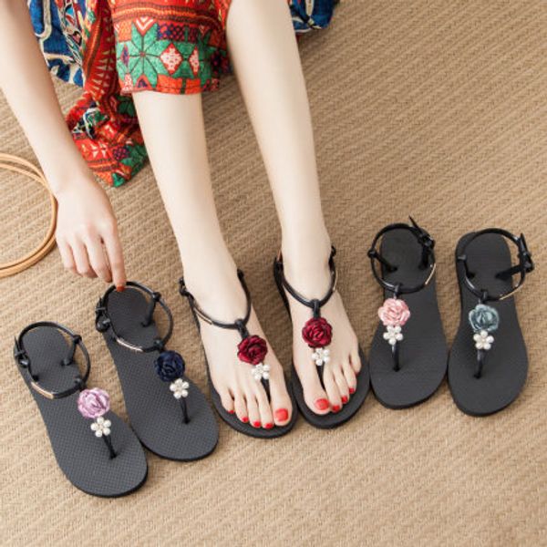 

sunny color flower sandals female summer korean version 2020 new flat bottom bohemian wild beach shoes female, Black
