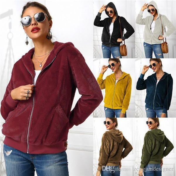 

solid color pockets fashion style female clothing womens autumn designer fux fur hoodies hooded long sleeve, Black