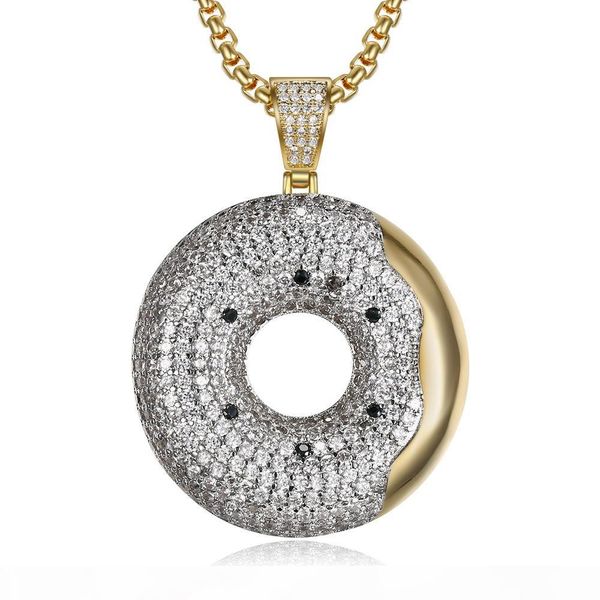 

hip hop iced out gold plated donut pendant micro paved cubic zircon bling men women charm jewelry gift, Silver
