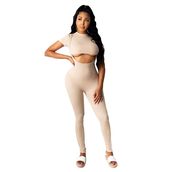 

yoga outfits plus-size suit women's short-sleeved t-shirt stitching strap jumpsuit two-piece set, White;red