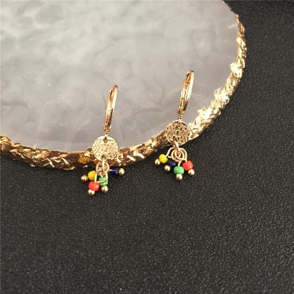 

lovely cute textured round disc with colorful bead charm small hoop earrings for women girl, Golden;silver