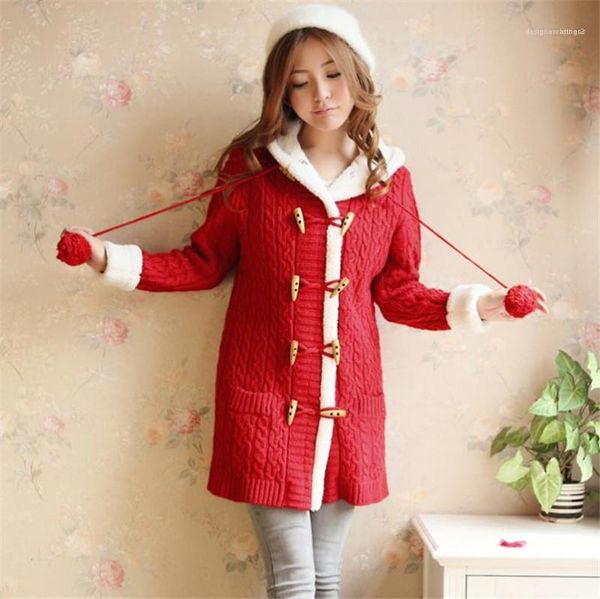 

button thick warm winter jacket japan sweet styles knit designer twist pattern womens sweater fashion horn, White;black