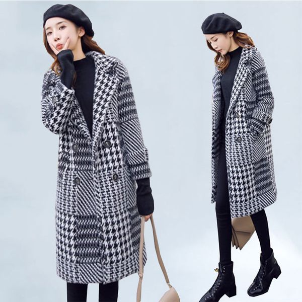 

woolen coat women 2020 autumn winter jacket outerwear plaid warm medium long imitation mink coats female basic coat, Black