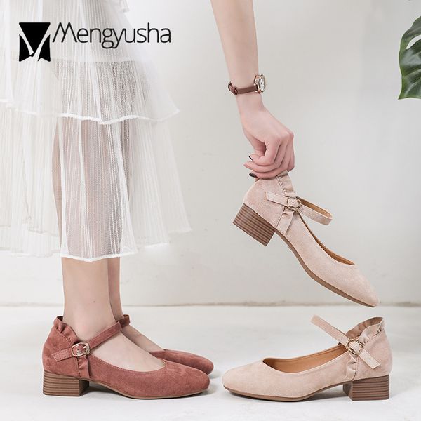 

suede ruffles wooden grain sandalias mujer buckle strap closed toe sandale solid chunky med high heels sandals femme women shoes, Black