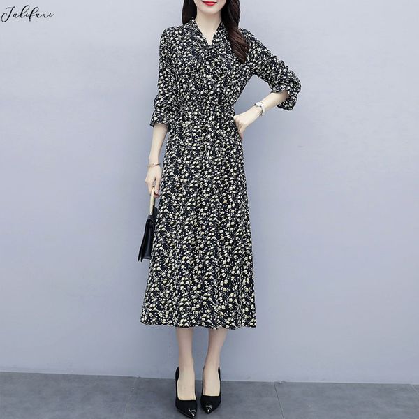 

women fashion v-neck print dress autumn casual long sleeve a line v-neck midi dress fashion vestidos plus size 5xl female, Black;gray