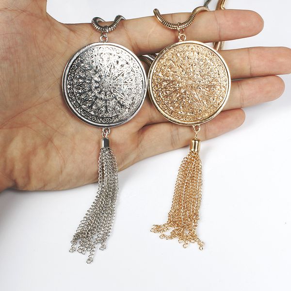 

new fashion round oval heart pendant with tassel charms necklace ladys long snake chain statement collar jewelry, Silver