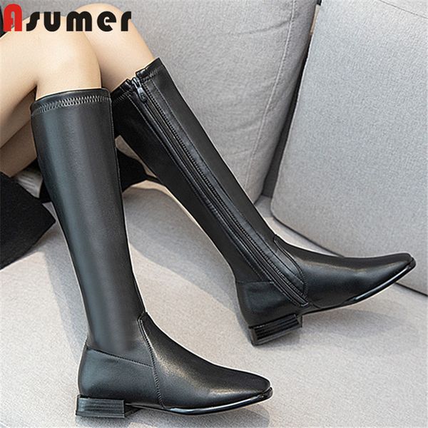 

asumer 2020 autumn winter knee high boots ladies low heel casual shoes zipper fashion simple elastic boots woman, Black
