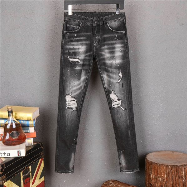 

new mens jeans slim fit motorcycle biker bleached denim for men distressed holes fashion hip hop mens jeans, Blue