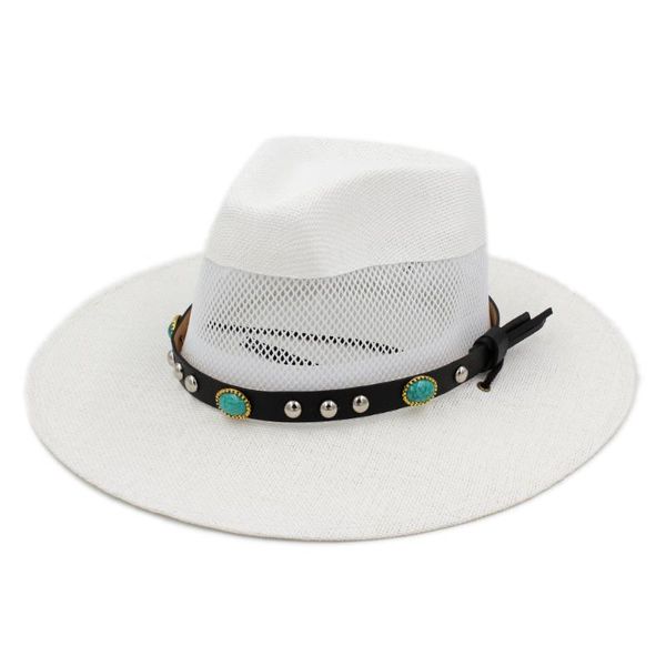 

mistdawn men summer straw panama hat big brim beach sun mesh fedora cap w/ turquoise rivets leather band, Blue;gray