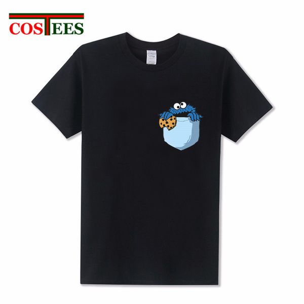 

funny pocket cookie t shirt men sesame street novelty anime cookie monster t-shirt interesting design brand clothing cartoon tee