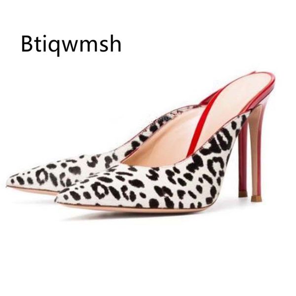 

2020 leopard horsehair mules shoes woman pointed toe mixed color thin high heels slippers women gladiator sandals, Black