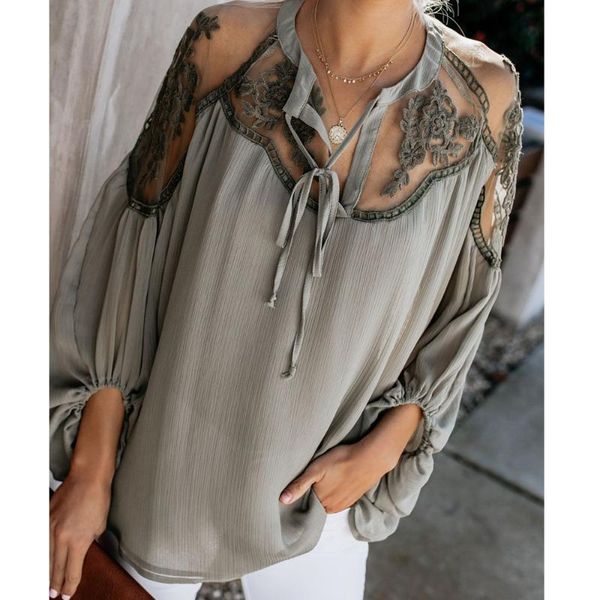 

lugentolo womens and blouses fashion summer lace stitching embroidery printing chiffon long sleeve womens shirts, White