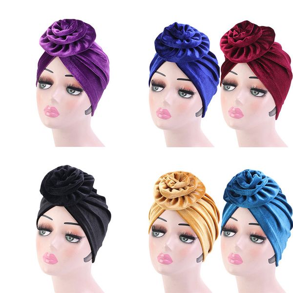 

2020 tube flower soft velvet caps stretch turban cap islamic headwrap big muslim bonnet cap hijab headband hat underscarf femme cvfcd, White;black