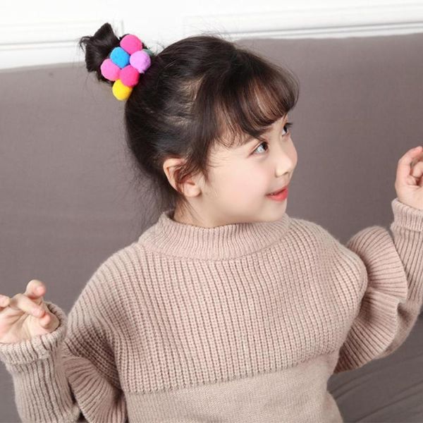 

6pcs elastic fur ball hair ropes girls' ponytail holder ties kids rope hair band bows accessories, Slivery;white