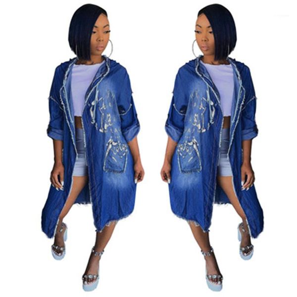

occident cardigan long sleeve denim outerwear designer female stand collar casual jackets clothing women hooded cloak coat fashion trend, Black