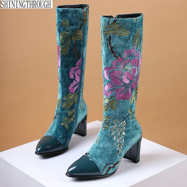 

new vintage print pointed toe high heel boots women knee high boots elegant zipper leather party prom shoes woman, Black