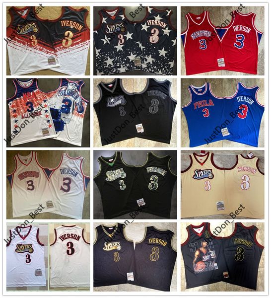 

mens 3 allen iverson basketball all teams name year id tags mitchell & ness hardwoods classics authentic jersey shirts, Black;red