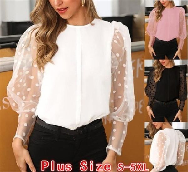 

polka dot lace women blouse fashion solid color mesh lantern sleeve blouse women designer clothes 2020, White