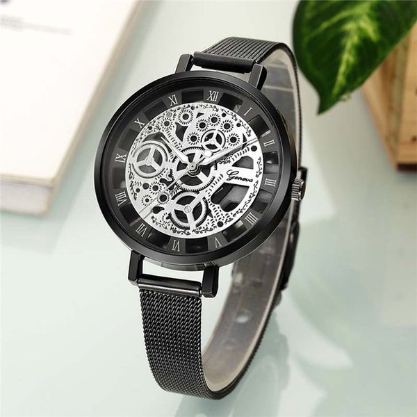 

2020 geneva women watches fashion skeleton black mesh band quartz wristwatches ladies watches relogio feminino, Slivery;brown
