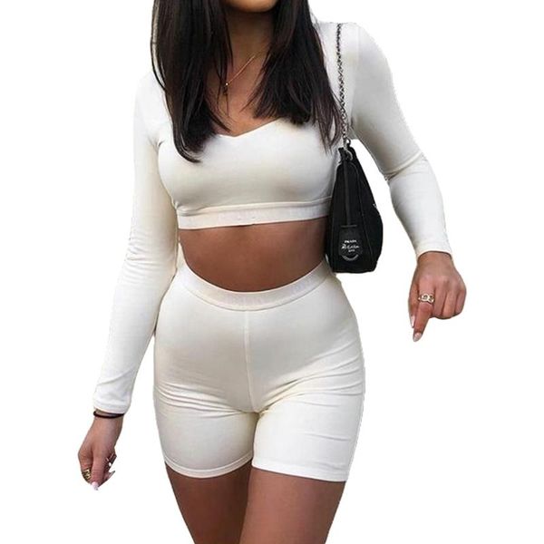 

women's sports two piece set fashion solid color square collar exposed navel and tight shorts, White;red
