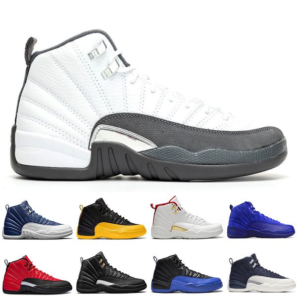 

new 12 stone blue university gold reverse flu game dark concord wntr basketball shoes 12s wings dark grey bulls men sports sneakers trainers