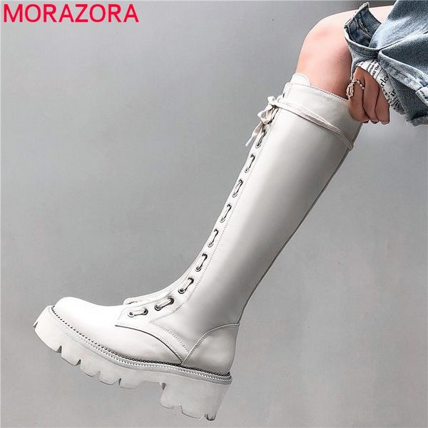 

morazora big size 34-42 new genuine leather boots lace up platform boots fashion autumn winter shoes knight ladies botas, Black