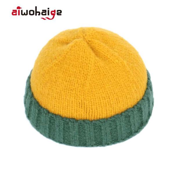 

new fashion winter wool knit beanie women men color matching casual cap thick warm soft melon hat boys girls retro docker beanie, Blue;gray