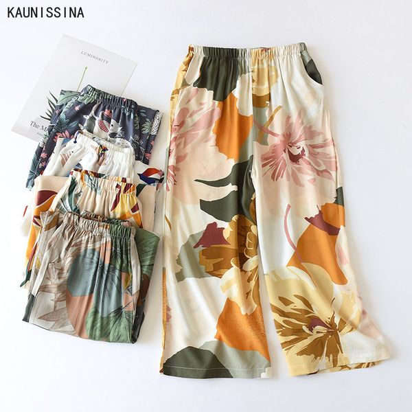 

spring and summer new women floral sleep bottoms wide leg loose cotton satin pants elasticity waist ladies large homewear pants, Black;red