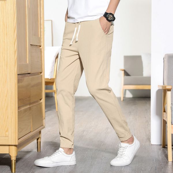 

summer nine-point casual cotton and linen pants men's solid color thin slim korean style nine-point casual pants linen, Blue