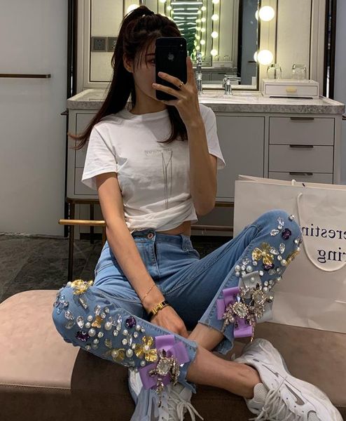 

embroidered flares women's diamond denim jeans women bling hole fashion beaded skinny slim fit stretch pencil pants, Blue