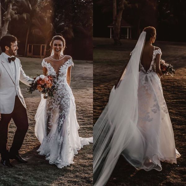 

bohemian a line wedding dresses 2021 illusionsheer neck short sleeve lace appliques bridal gowns plus size vestido de noiva wedding dress, White