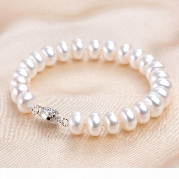 

fashion white real natural pearl bracelets for women high luster freshwater pearl jewelry 925 sterling silver strand bracelet j190718, Black