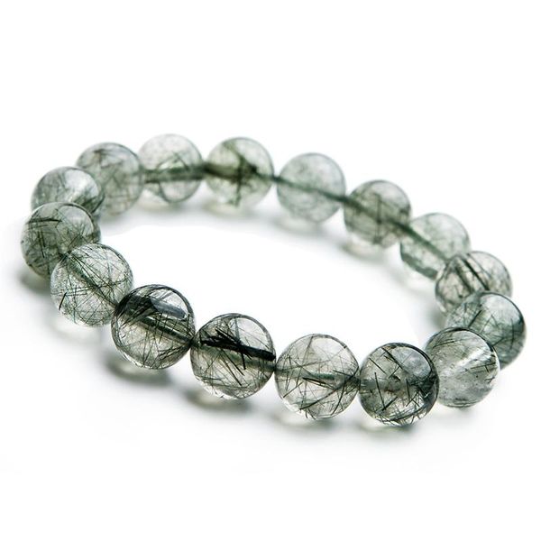 

natural genuine green rutilated quartz bracelets for women men 13mm big round crystal bead natural rutilated quartz bracelet, Black