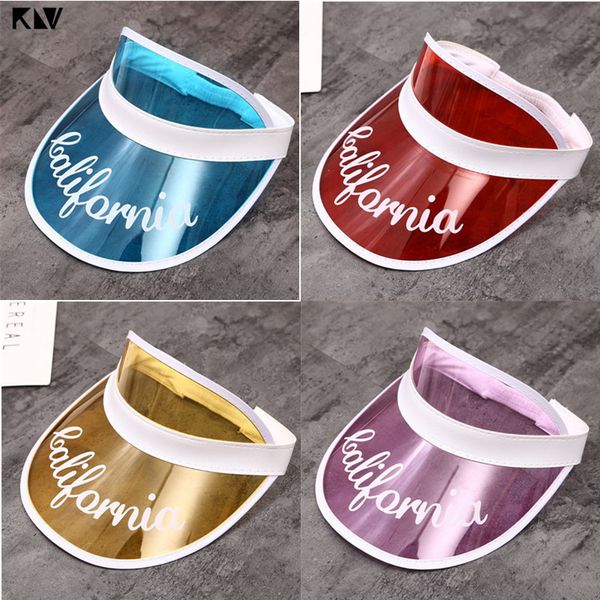 

summer plastic sweet candy color sun visor hat empty open transparent uv protection letters printed tennis beach cap, Blue;gray