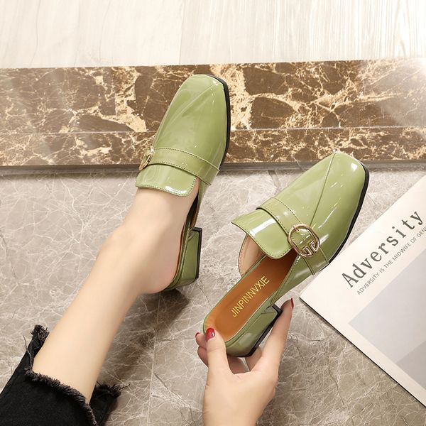 

low shoes woman's slippers slides cover toe rivet fashion square heel 2020 soft luxury block hoof heels rubber fabric metal, Black