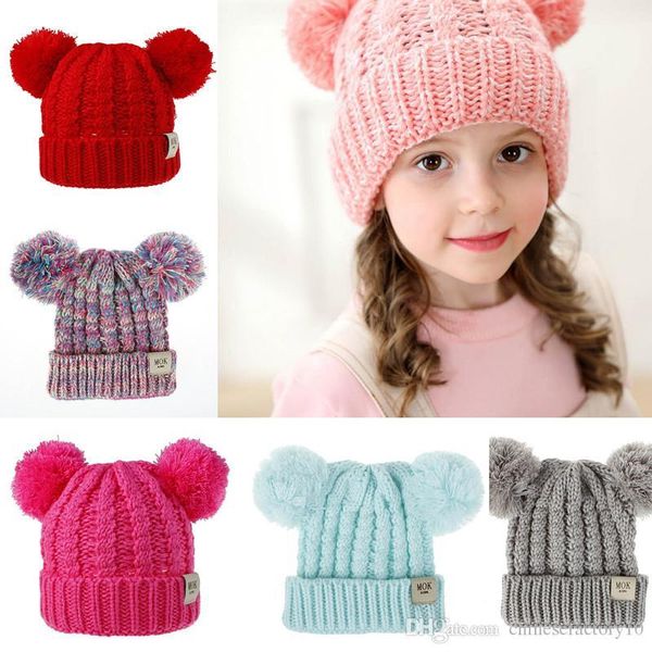 Crianças chapéu Knit Garoto Crochet Beanies Chapéu com 2 Bolas Meninas Meninos Inverno Quente Pompom MOK CORES 12 CORES