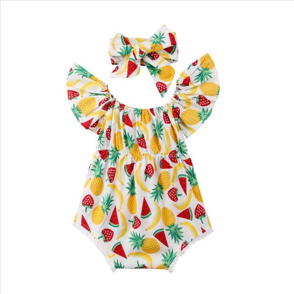 

2018 newborn infant baby girl flying sleeves fruit jumpsuit bodysuit headband clothes outfit yellow summer set, Blue